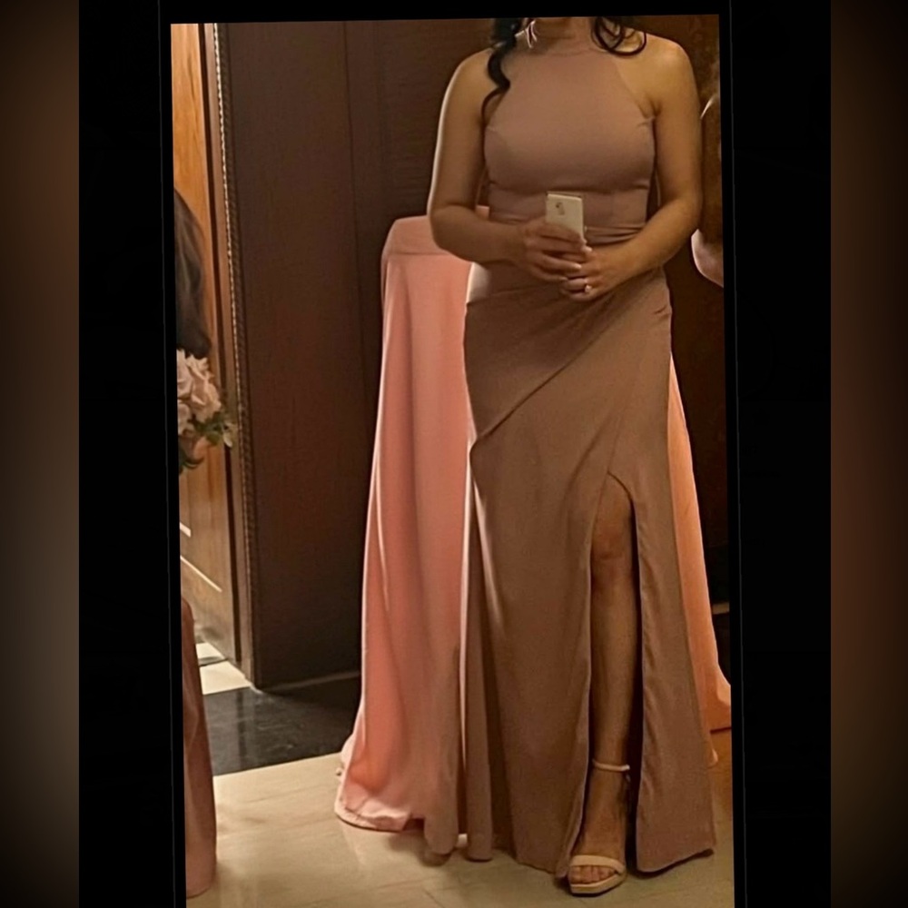 Sleeveless Mauve Halter Evening Gown with Front Slit